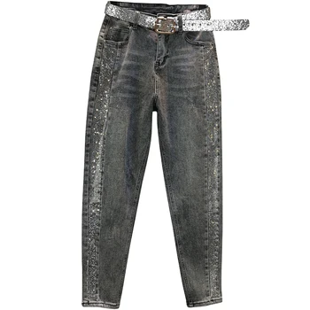 

Plus size 26-32!spring autumn fashion hot Rhinestone jeans women high waist loose harem pants