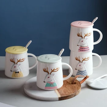 

Cartoon Coffee Mug with Spoon Lid Large Capacity Simple Personalised Couple Mug Creative Nordic Tazas Esspresso Cups DA60MKB