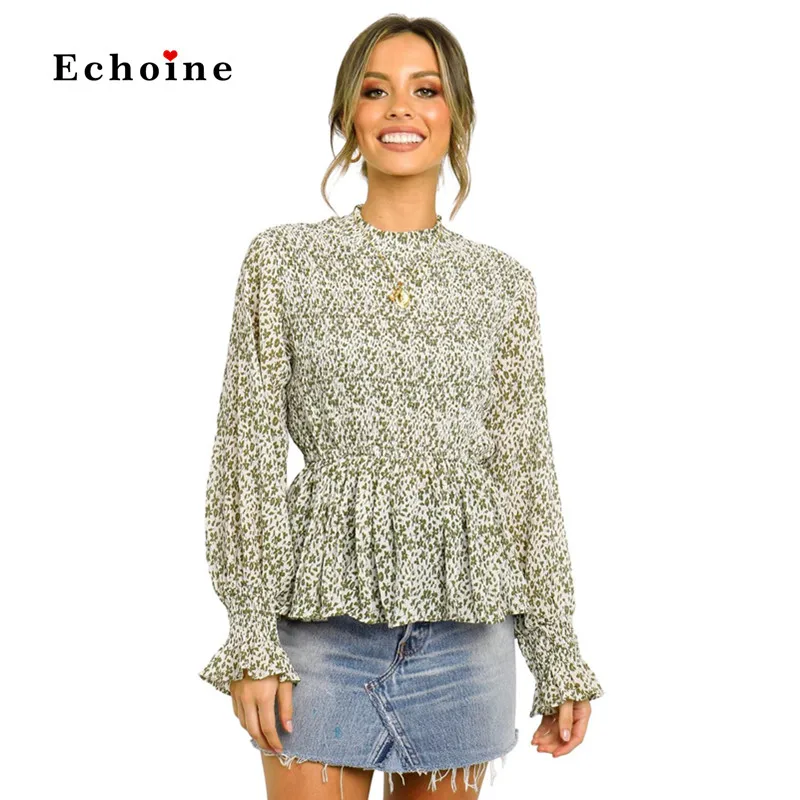 

Women High Neck Boho Sweet Blouse Fashion Shirts Long Sleeve Shirred Cuff Floral Print Elasticised Waist Tops Casual Streetwear