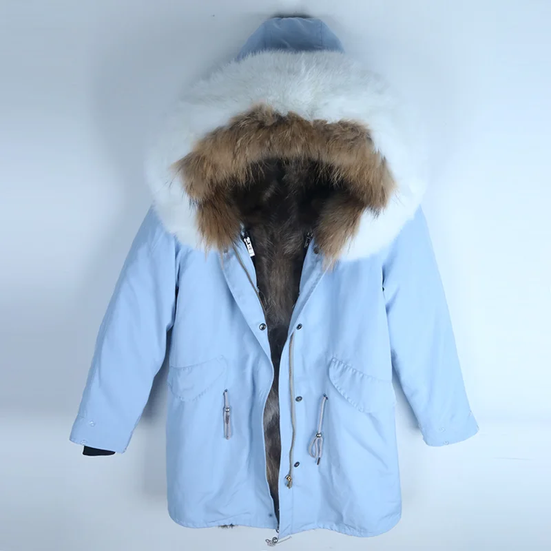 11 sky blue coat Новинка, теплое зимнее женское пальто с воротником из натурального Лисьего меха, длинная парка с подкладкой из натурального меха енота, модная плотная уличная одежда - Цвет: 11 sky blue coat