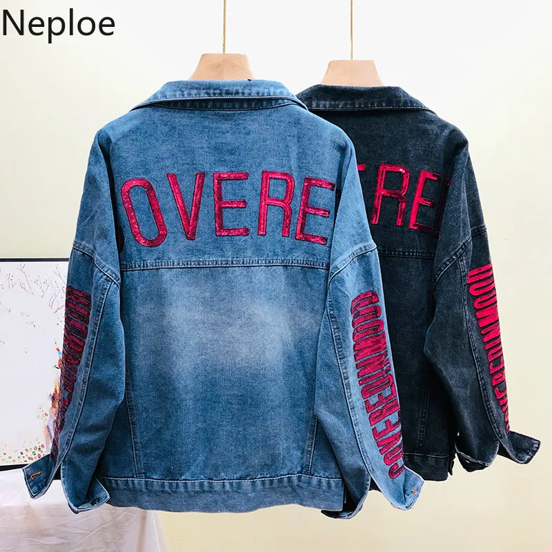 Neploe Autumn Fashion Women Sequine Letters Demin Coat Turn-down Collar Long Sleeve Cowboy Single Breasted Jeans Jackets 54371
