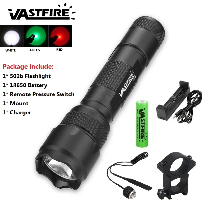 

502B Q5 LED Flashlight Torch Hunting Bright Red/Green/White Color Light+18650 Rechargeable Battery+Charger