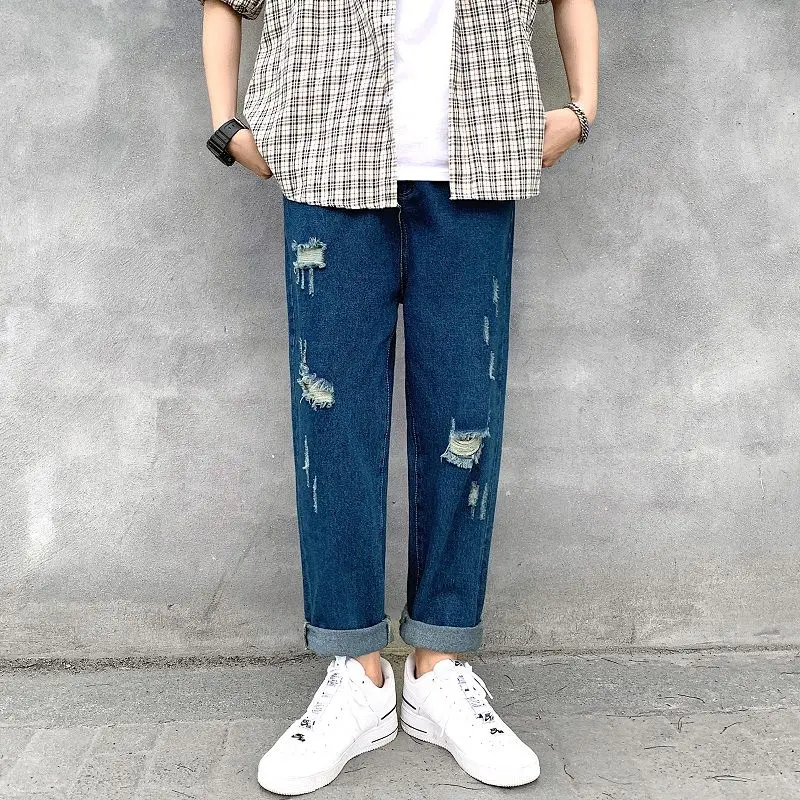 

Summer Ripped Straight Jeans Men's Fashion Washed Casual Retro Jeans Men Streetwear Loose Hip Hop Hole Denim Trousers Mens