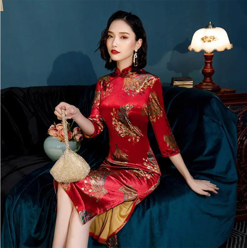 Sheng Coco 5xl плюс Размер Павлин бархат Cheongsam современное платье ретро в китайском стиле длинный рукав женщины китайские свадебные платья