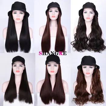 

Long curly or Straight Hair a Integrated Synthetic Baseball Cap Natural Black / Brown Extension Heat Resistant Hairpiece