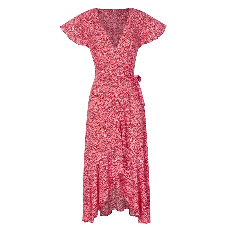 Женское платье с коротким рукавом, элегантное, лето, сексуальное, модное, новинка, в горошек, с поясом, Ассиметричное платье, богемное, до середины икры, v-образный вырез, M0128 - Цвет: Wine Red
