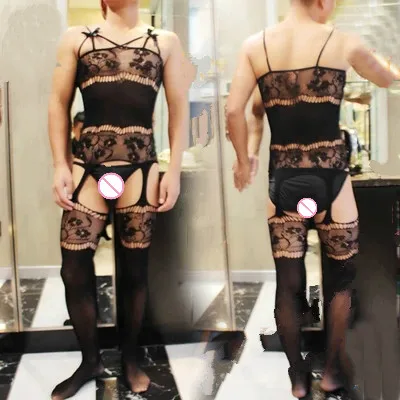 Men's Sexy Jumpsuit Men Lingerie One Piece Nightwear Flower Pattern Teddies Bowknot Body Stocking Fishnet Bodysuit Sexy Costumes