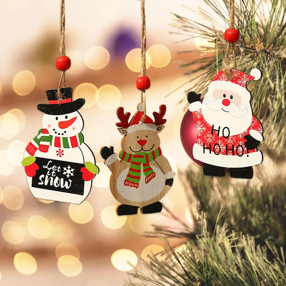 Christmas Wooden Ornament 9Pcs Coloured Tree Hanging Decoration Wood Crafts Santa Claus Ornaments Gift Tags Decor 