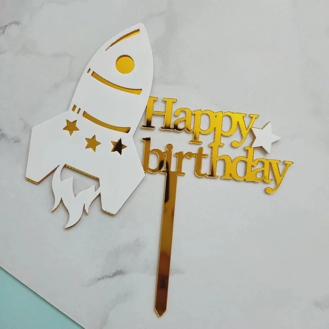 1pcs Double Layers Acrylic Space Theme Rocket Happy Birthday Cake Topper Kids Birthday Party Decoration Supplies Boy Favors white