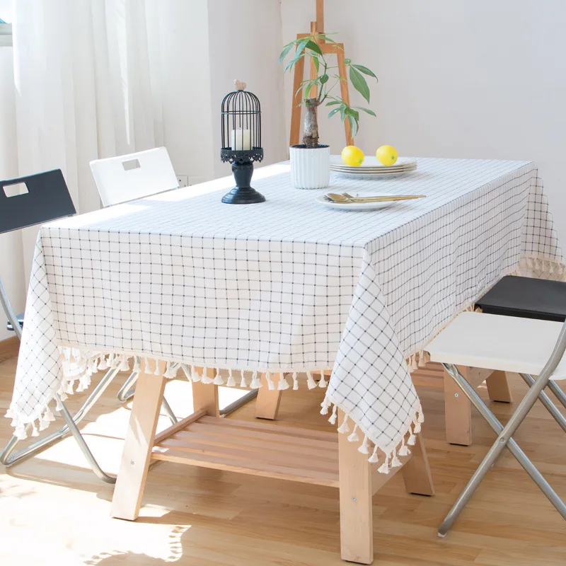 

Popular Cotton and Linen Tablecloth Square Lattice Tassels Small Fresh Art and Art Yarn-dyed Table Cloth Dustproof Tablecloth