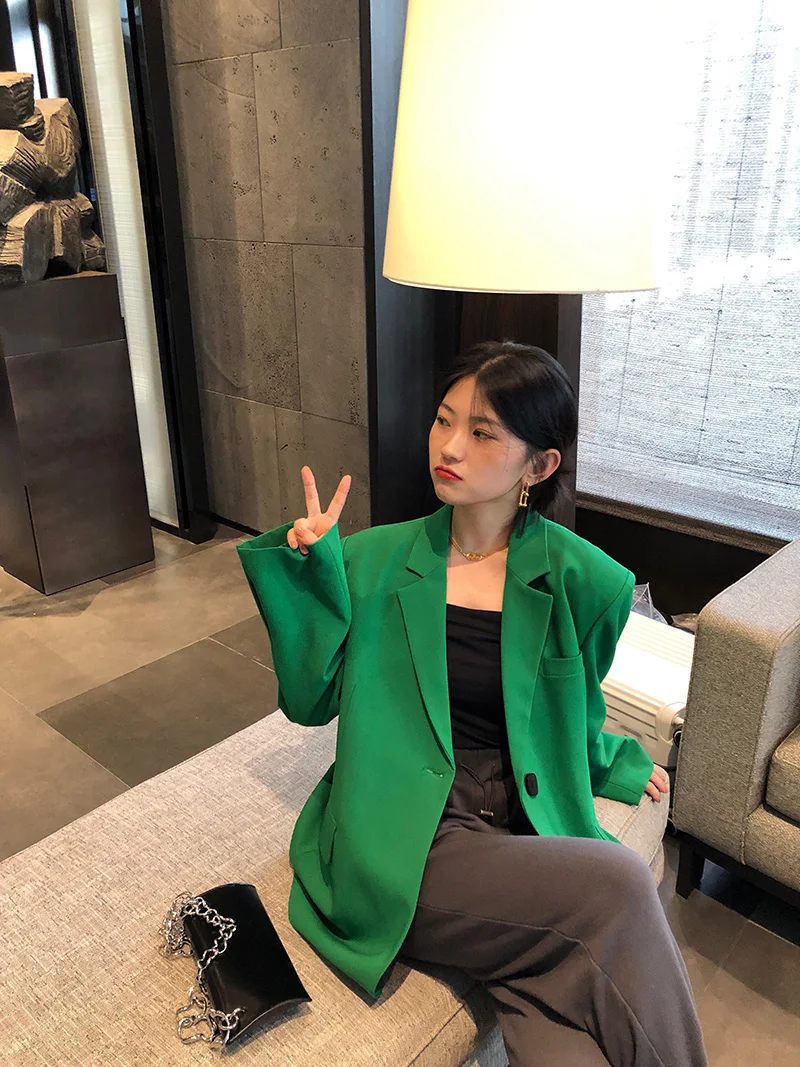 Shengpalae Outono Feminino Blazer Verde Moda um Botão Design Gola Siut Tamanho Grande Casual Manga Longa Terno Cabolsa Zc185 2021 7 um botão design gola siut tamanho grande