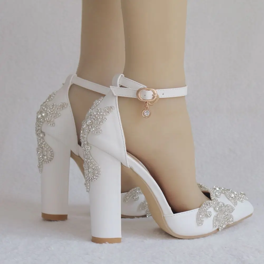 Весенне-летние женские свадебные туфли на высоком каблуке туфли-лодочки с острым носком на квадратном каблуке 10,5 см с ремешком и пряжкой модная офисная обувь