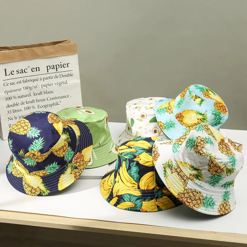 

Europe And America New Style Torrid Zone Printed Fruit Pattern Bucket Hat Women's Summer Outdoor Sports Sun Hat Double-Sided Buc