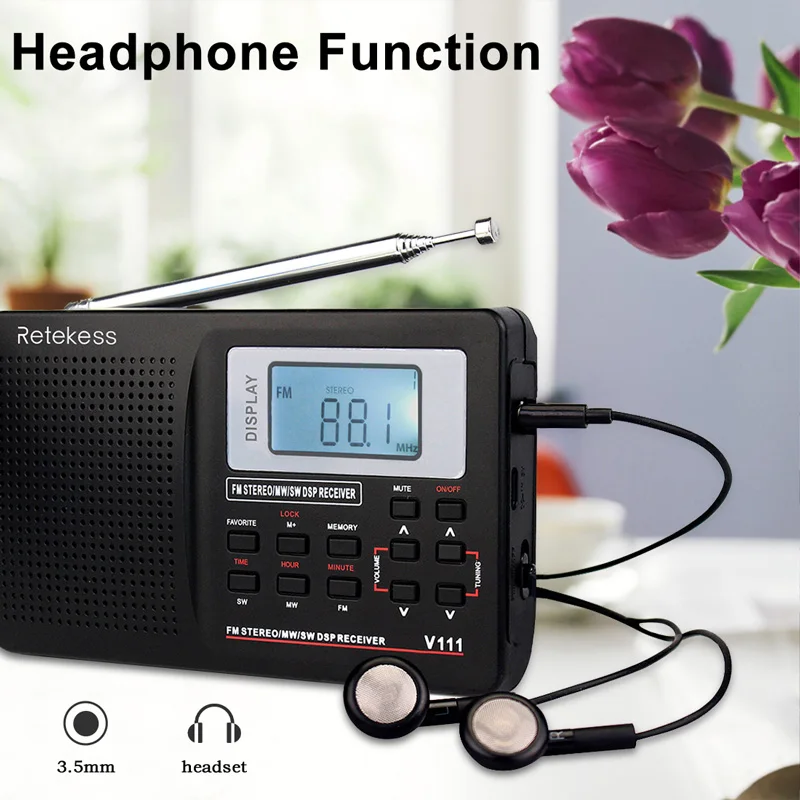 RETEKESS V111 Полнодиапазонный радиоприемник FM стерео/MW/SW DSP с таймером будильник