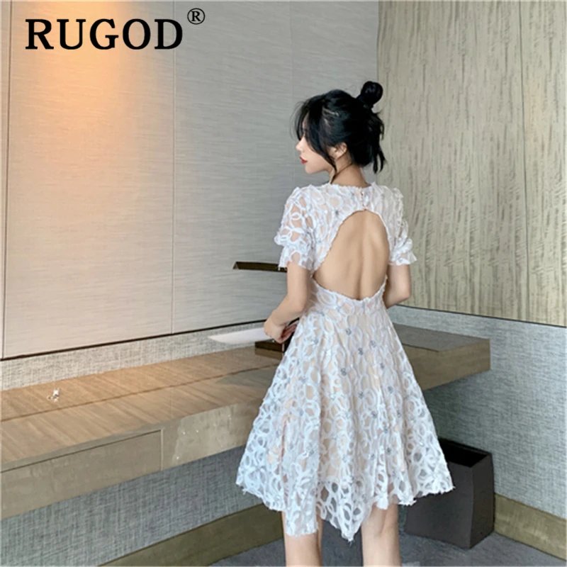 RUGOD сексуальные с открытой спиной белые женские платья модные рукава-клеш, для женщин вечерние платья vestidos винтажные сетчатые линии милое летнее платье