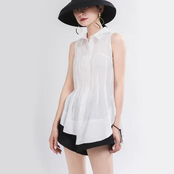

WOMENGAGA 2020 Summer New Blouse Sleeveless Slim Single Breasted Patchwork Casual Streetwear Pleated Irregular Personality A271