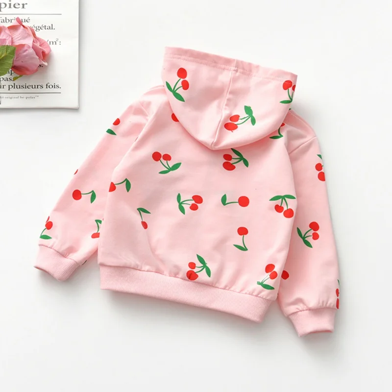 Детские пальто для девочек; Повседневная Толстовка с капюшоном и длинными рукавами с принтом вишни; Милая тонкая верхняя одежда для маленьких девочек