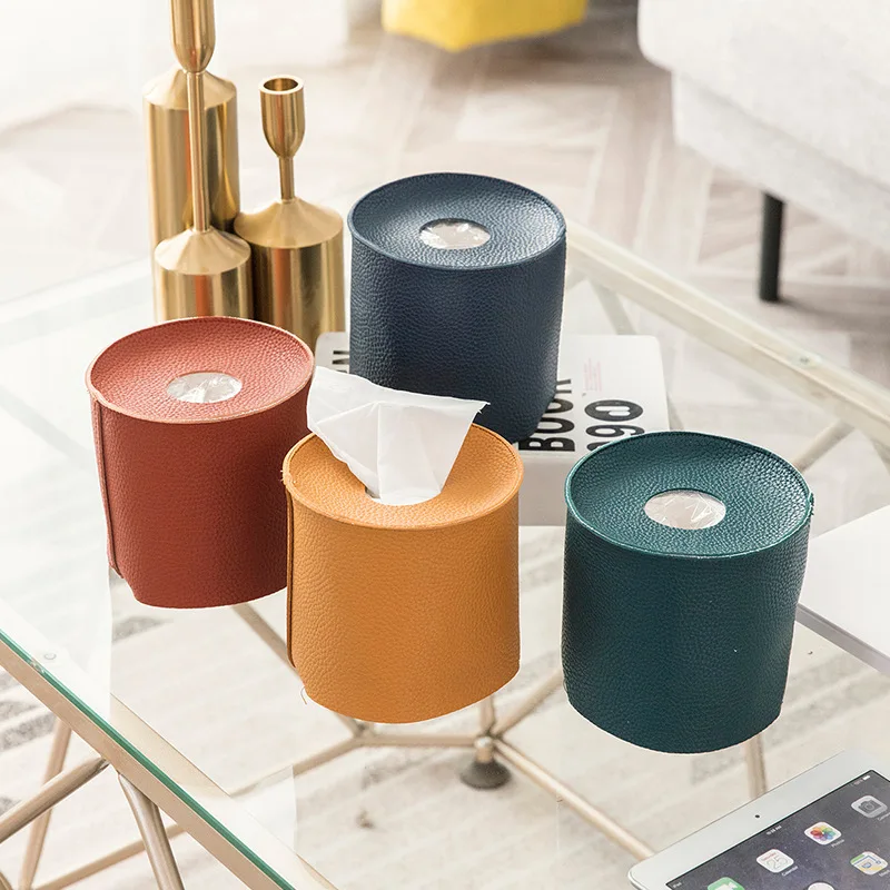 

Nordic Pu leather waterproof household bathroom round roll paper tissue box storage box kitchen accessories case cover