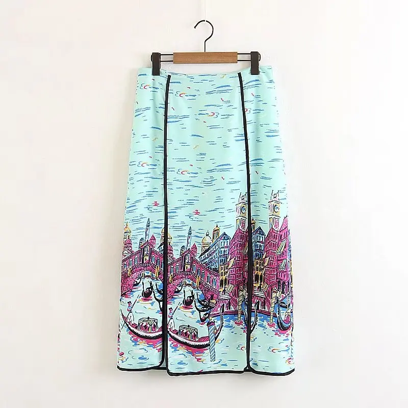 

Xz1642 WOMEN'S Dress New Style High-waisted Mid-length Positioning Printed Skirt Europe And America One-step Skirt