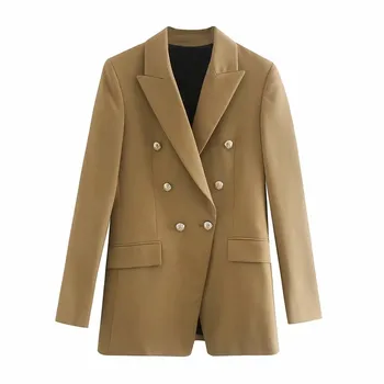 

2020 office lady stylish double breasted pockets za long blazers women casual long sleeve button decoration pockets long outwear