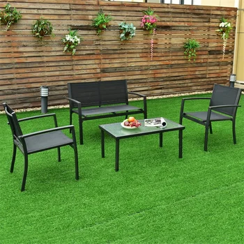 

4 pcs Patio Steel Frame Coffee Table Furniture Set Sturdy Powder-coated Metal Frame Outdoor Furniture