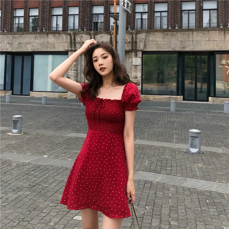 Женская одежда vestidos шикарное платье в горошек с пышными рукавами и квадратным воротником с бантом летнее модное красное платье в винтажном стиле корейские платья