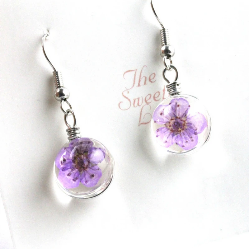 Fashion Transparent Glass Round Handmade Dried Flower Sakura Drop Earrings Metal Pothook for Women Jewelry