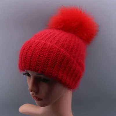 Вязанные шапки-бобы, зимняя шапка Skullies для женщин, винтажная женская шапка с кроличьим мехом, Лыжные шапки с помпоном из натурального Лисьего меха - Цвет: Red - Fox Fur
