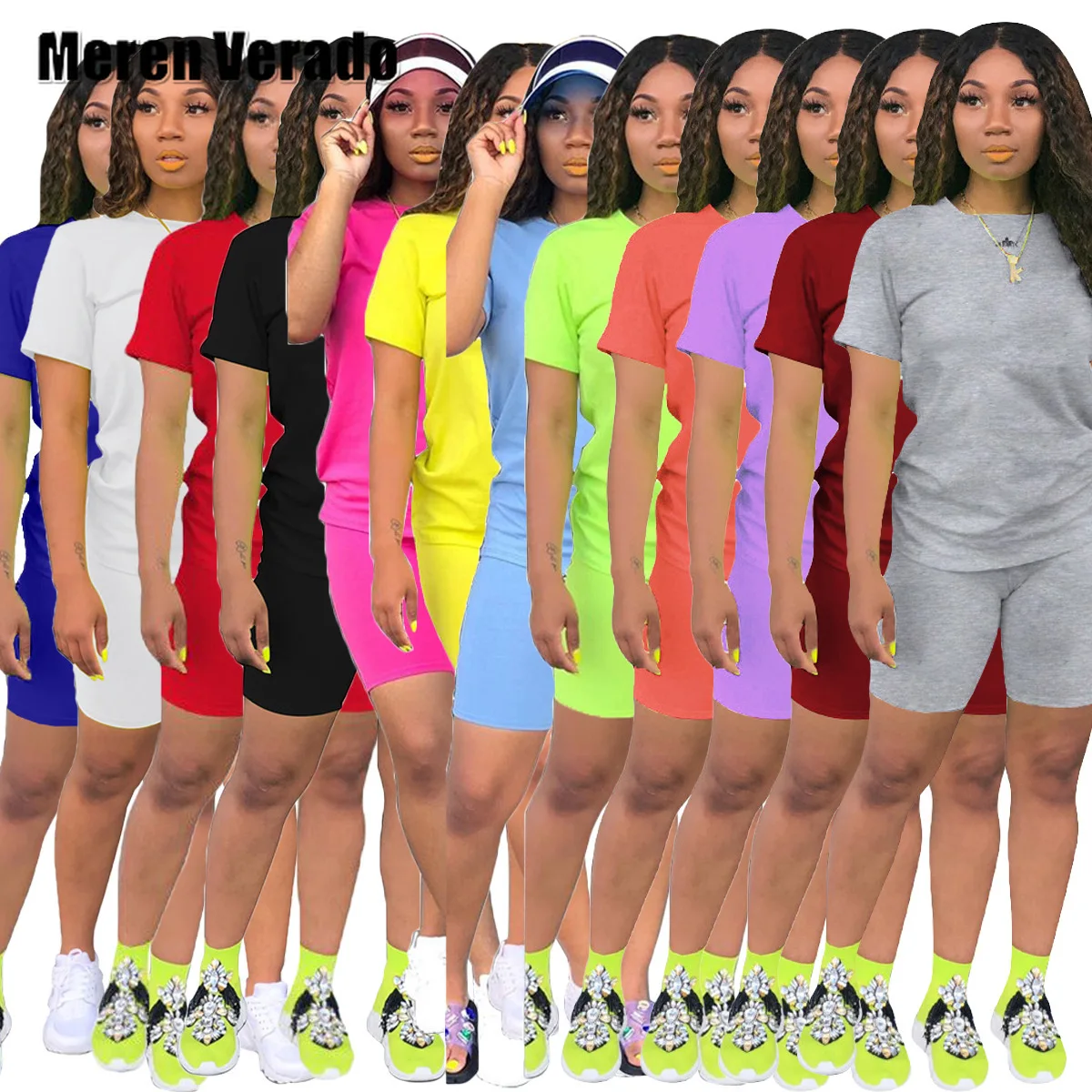Meren-S-4XL Verado de dos piezas para mujer, chándal de manga corta + pantalón corto para correr, conjunto deportivo a juego
