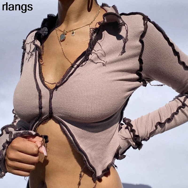 Nibber Autumn New Patchwork Broken Design Mesh Crop Top For Women Punk Style Long Sleeve T-shirt Street Casual Wear Tees Female | Женская