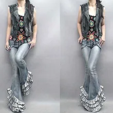 Модные женские джинсы с высокой талией, Женские многослойные джинсы с оборками, Облегающие расклешенные джинсовые штаны, ковбойские брюки, Студенческие Костюмы