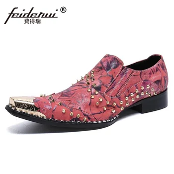 

Szie 37-46 Metal Toe Slip on Man Rivets Banquet Party Loafers Genuine Leather Handmade Men's Studded Prom Casual Shoes SL755