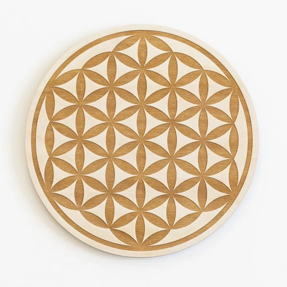 Günstige Benutzerdefinierte Holz Blume des Lebens Holz Zeichen Spirituelle Wand Kunst Heiligen Geometrie Symbol Geometrische Geformte Graviert Holz Zeichen