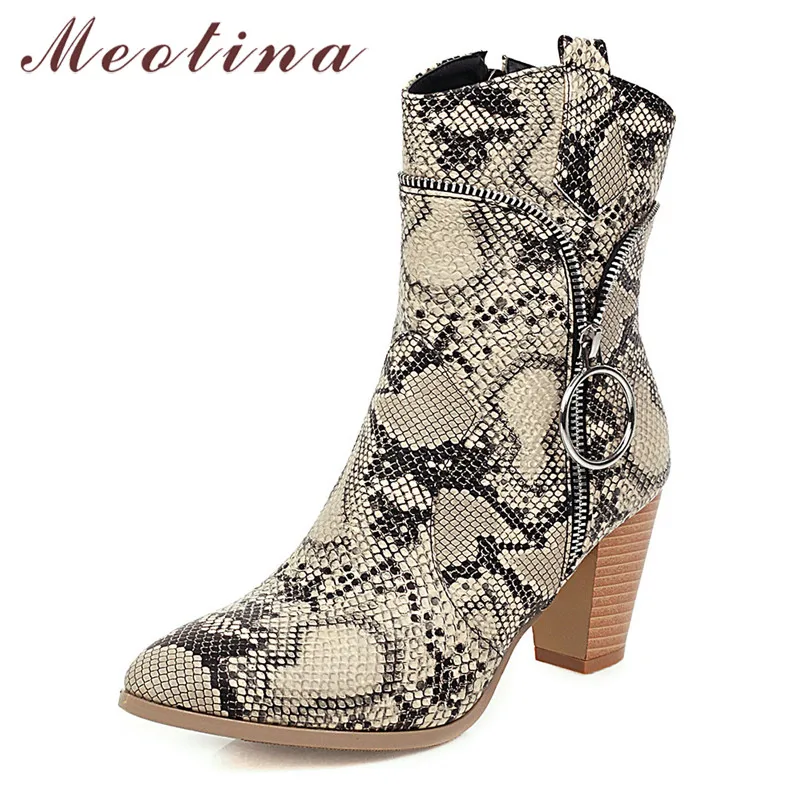 Meotina Winter Western Boots Women Snake Print Chunky High Heel Ankle
