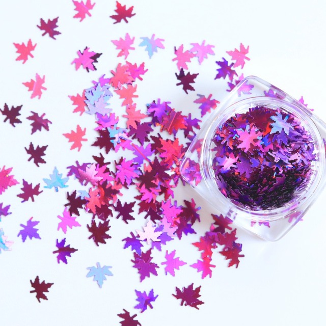 box with 12 styles of color laser maple leaf nail sequins Holographic Metallic Leaf Glitter Sequin Nail Art Patch Decoration