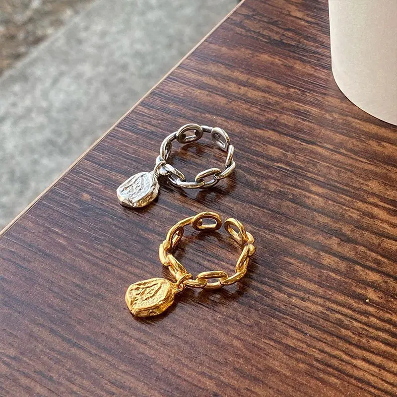 Silver Rings FOXANRY Silver Color Rings Fashion Vintage Couples Simple Hollow Chain Irregular Texture Pendant Party Jewelry for Women