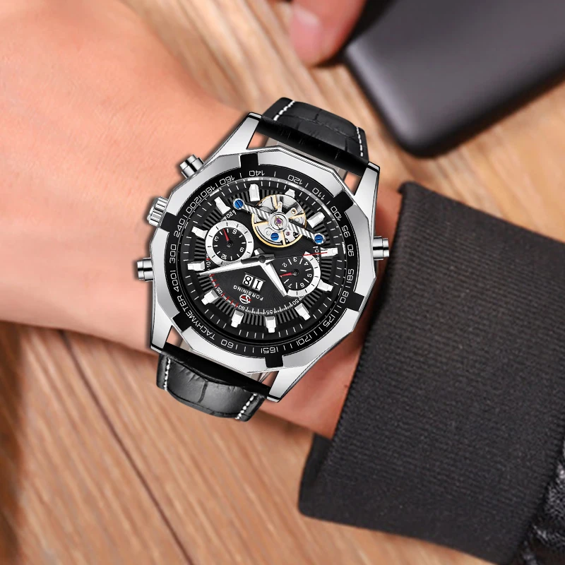 FORSINING Luxury Brand Men Automatic Mechanical Watch Men's Black Leather Band Canlendar Tourbillon Skeleton Wrist Watches