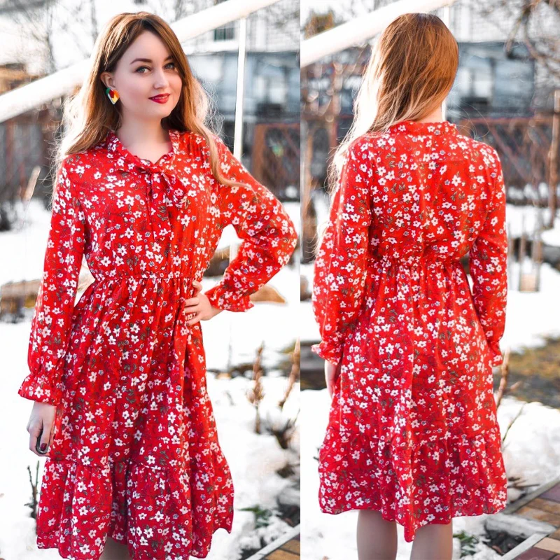 2020 Plus Size New Women Autumn Dresses Bohemian Long Sleeve Chiffon Shirt Dress White Bow Floral Boho Club Party Winter | Женская