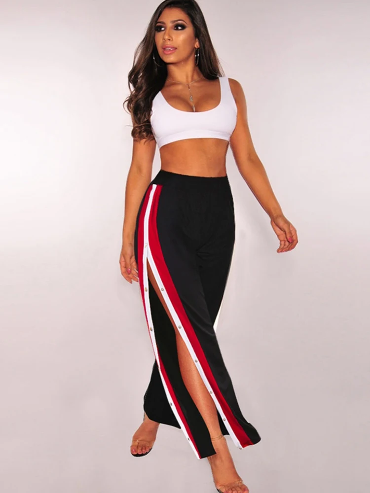 B 2020 Women New Fashion Trousers Side Open Buckle Striped Split Wide Leg Pants Ladies Black High Waist Straight Sweatpants | Женская