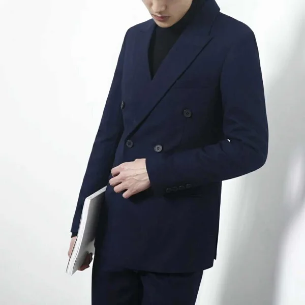 

Black Navy Blue Double-breasted Casual Suit Men's Suit Korean Slim British Wind Youth Wedding Dress 2 Piece Coat Pants