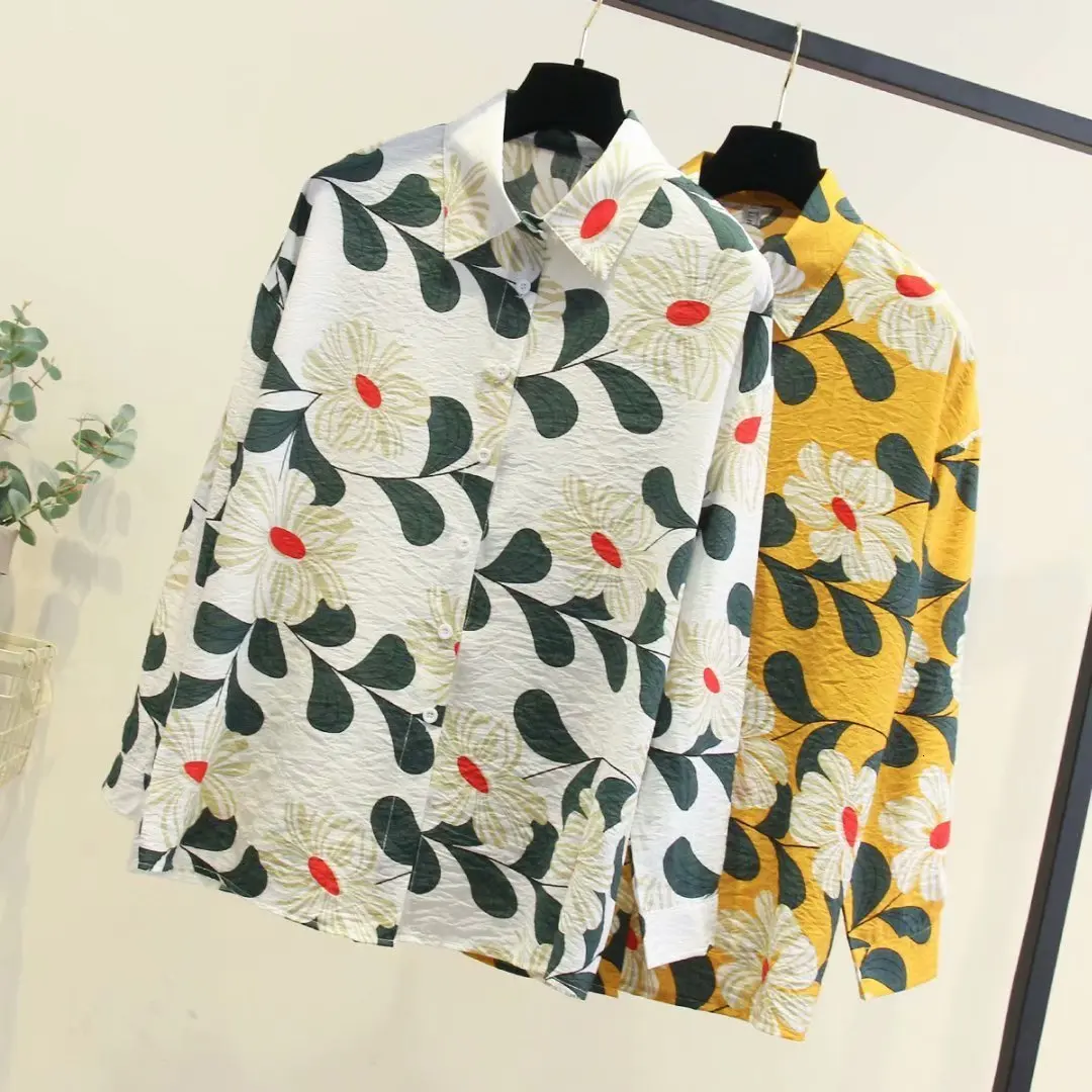 

Plus size women woven cotton loose blouse 2019 spring new casual ladies long sleeve flower print shirt