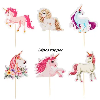 

24pcs Cartoon Unicorn Party Cupcake Topper Happy Birthday Party Baby Shower Children Party Decor Kids Cake Decor Supplies