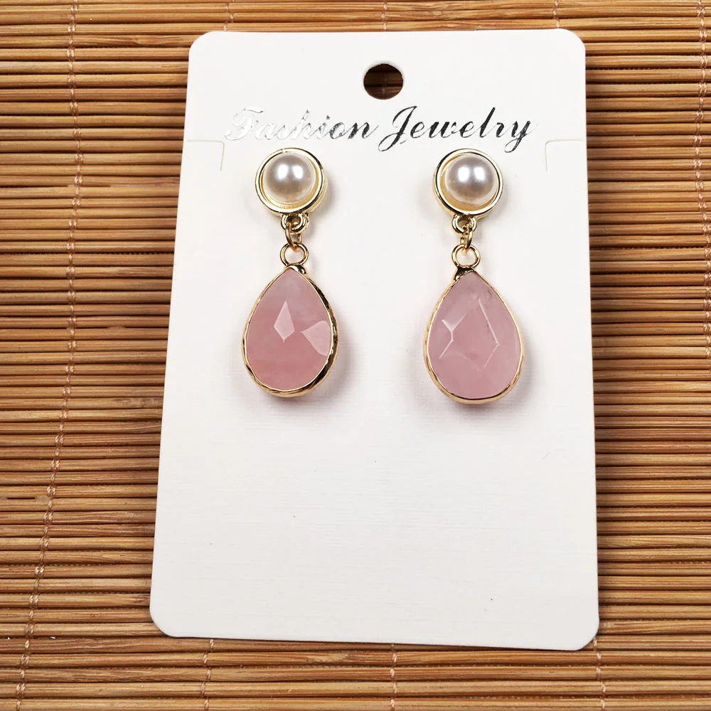 

2019 New Women Nature Stone Earrings Stud Exquisite Jewelry Handmade long drop shape Faceted Rose quartzs Stone Earring