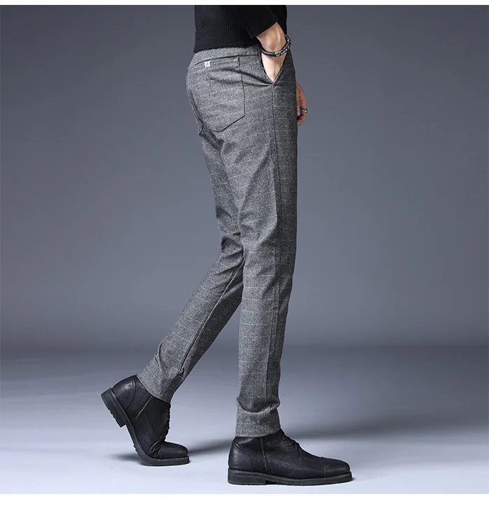 Осень зима модные высококачественные мужские брюки прямые длинные мужские классические деловые хлопковые плотные английские клетчатые повседневные длинные брюки