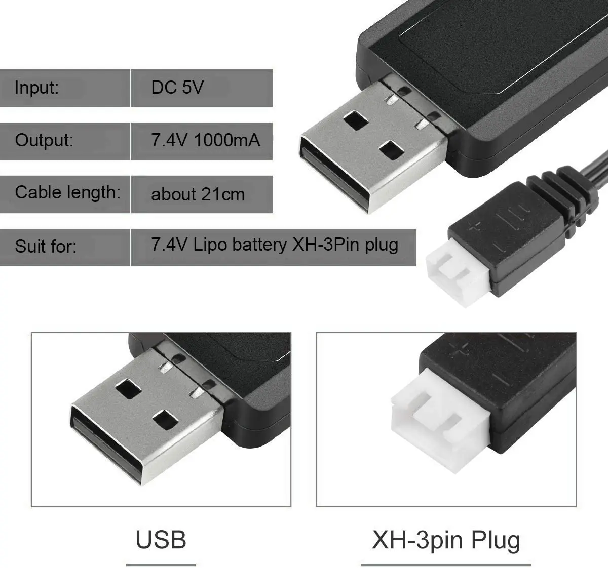 Chargeur USB Lipo 7.4V 1A avec câble XH-3P 63cm