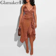 Glamaker, богемное платье в горошек с оборками, женское, v-образный вырез, Пляжное, миди, элегантное, сатиновое платье, для женщин, Осень-зима, вечерние, сексуальное платье