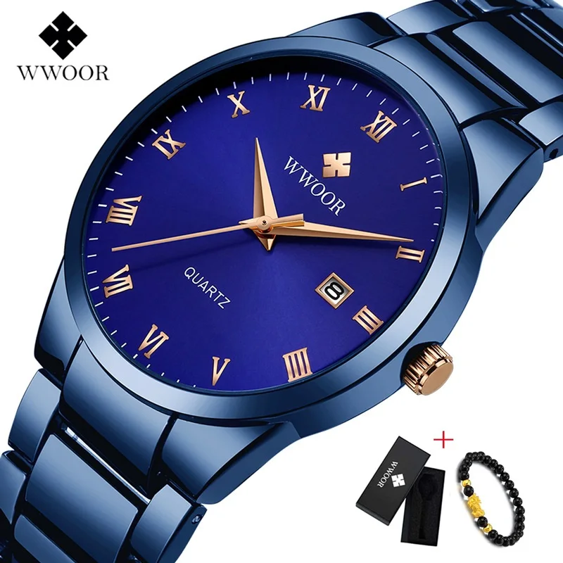 

WWOOR Black Blue Watch Men Luxury Analog Display Date Waterproof Stainless Steel Quartz Mens Watches Male Wristwatch Clock 2020