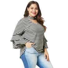 Большой размер, Женский Топ, Европа и Америка,, плюс размер, d размер, Холтер, рукав-лепесток, полосатая футболка, женская