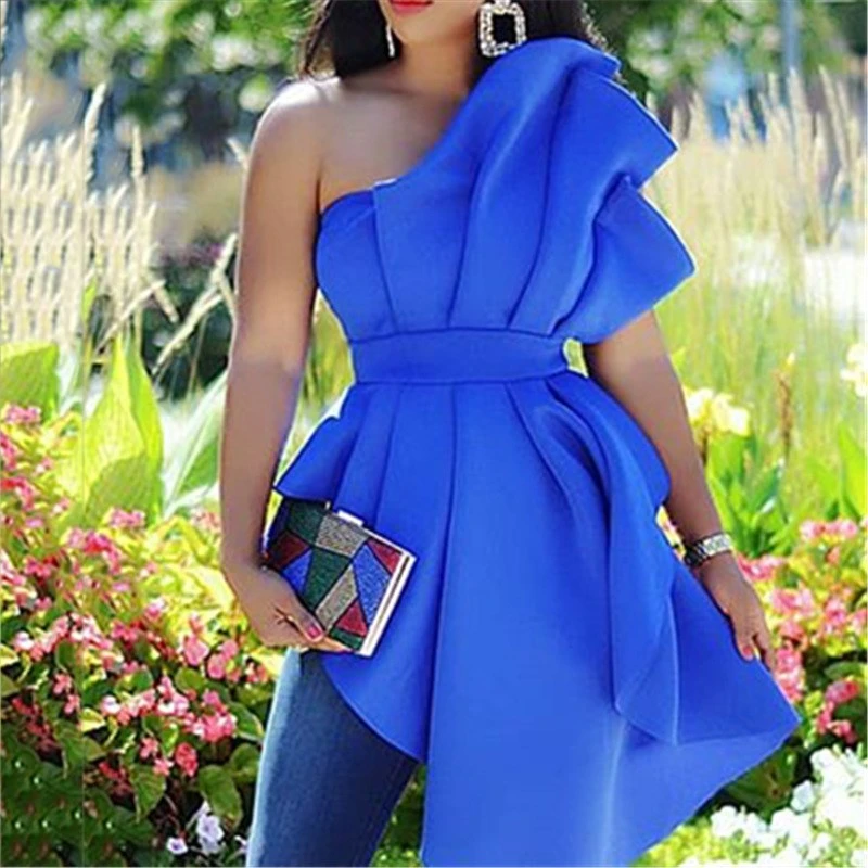 Blusa de fiesta sin para mujer camisa de péplum de Club Irregular con volantes azul para mujer Noche de citas de otoño Bluas|Blusas y camisas| - AliExpress