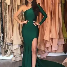 

Hot Emerald Green Sexy Split Evening Dresses Mermaid Stretch Satin Long Sleeves One Shoulder Prom Dresses Long Party Celebrity